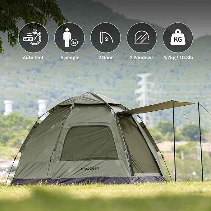 Instant Camping Tent for 4 Person,2 Mesh Windows & 2 Doors,Hexagonal Design,Easy Set Up pop up Tent with Vestibule & Rainfly, Ideal for Family Camp, Outdoor Activity