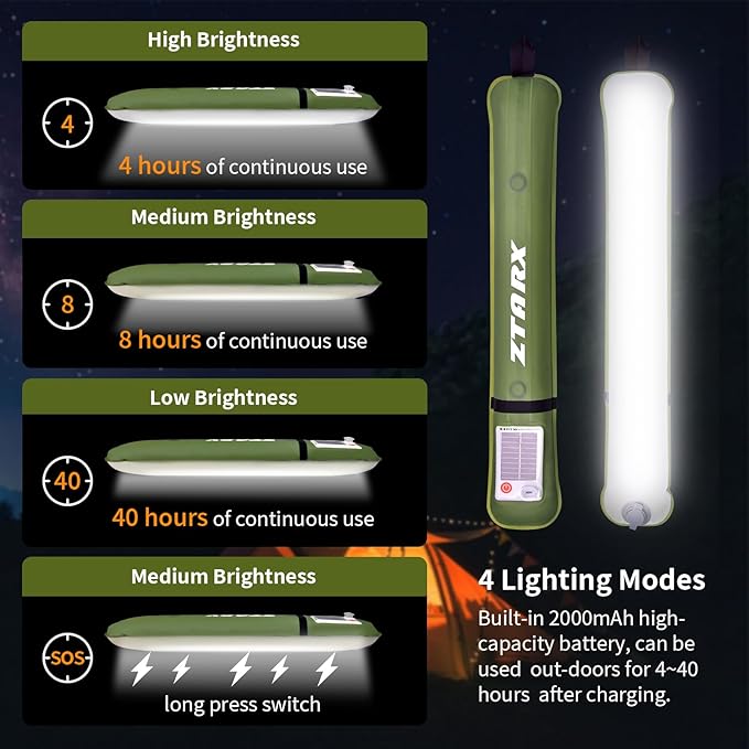 Inflatable Light Tube Video Light Stick, LED Solar Camping Light Portable and Foldable, USB Outdoor Photography Light,4 Types of Lighting