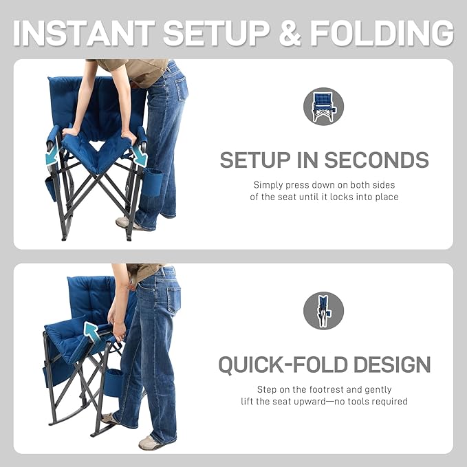 EVER ADVANCED Lightweight Folding Rocking Camping Chair, Padded Portable Rocker Chair for Patio, Lawn and Outdoors, Heavy Duty Hard Armchair for Adults, Blue