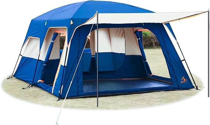 KTT Extra Large Tent 6-10-12-14 Person(B),Family Cabin Tents,2 Rooms,3 Doors and 3 Windows with Mesh,Straight Wall,Waterproof,Double Layer,Big Tent for Outdoor,Picnic,Camping,Family Gathering