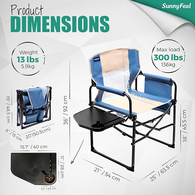 SUNNYFEEL Oversized Camping Directors Chair, Portable Folding Lawn Chairs for Adults Heavy Duty with Side Table,Pocket for Beach, Fishing,Picnic,Concert,Tailgating, Outdoor Foldable Camp Chair
