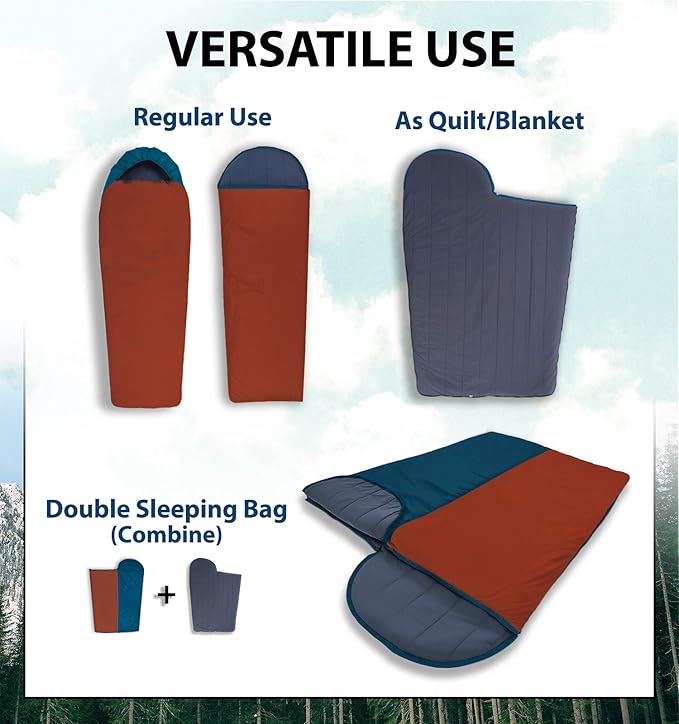Litume Compact Velvet Lined Sleeping Bag, Lightweight Three Season Sleeping Bag, Water Repelling Sack for Warm and Cold Weather, Comfortable, Backpacking, Hiking, Camping, Traveling