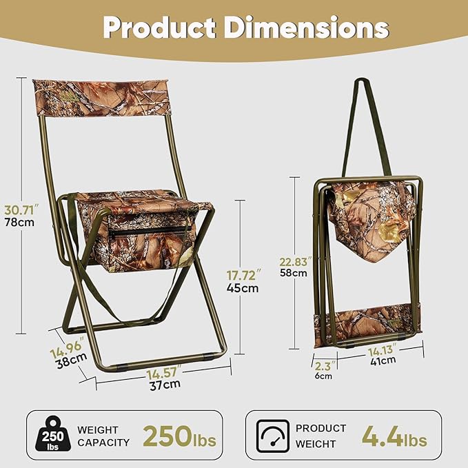 Folding Camping Chair,Portable High-Back Hunting Chair, Lightweight Hunting Stool w/Storage Bag,Shoulder Strap,for Camping,Hiking,Beach,Picnic,Support Up to 250 lbs,Camouflage