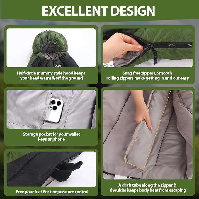 Sleeping Bag for Adults Cold Weather & Warm, Lightweight Backpacking Camping Hiking Essentials Gear for Kids 10-12 Girls Boys Compact w/Compression Sack Indoor Outdoor Sleep Must Haves