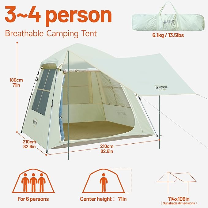 Instant Pop Up Camping Tent - 7'×7' 4 Person, 5-Sided Ventilation, UV-Blocking Top & Hexagonal Awning, Portable for Patio/Beach