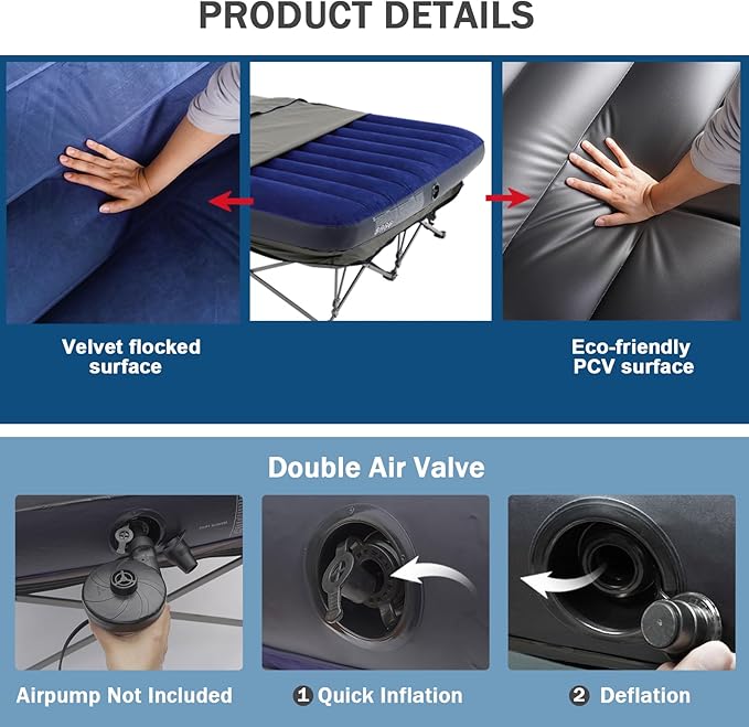 KAMPKEEPER Camping Cot,Folding Camping Bed with Inflatable Air Mattress and Carry Bag,for Outdoor Travel Camp Beach Vacation,(not Included The Airpump)