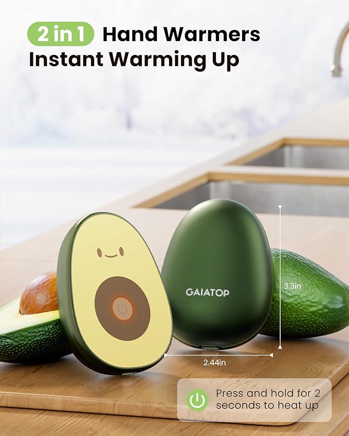 Gaiatop Hand Warmers Rechargeable 2 Pack, 4000 mAh Battery Avocados-Shaped Electric Hand Warmer with 2 PCS USB Cable, Reusable Portable Pocket Hand Heater Hot Hands Gifts for Women Men Camping Hunting