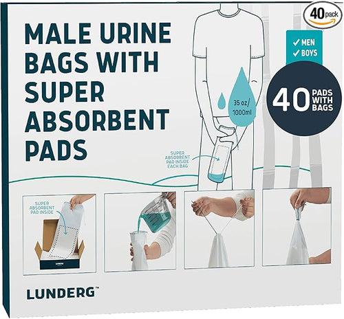 Lunderg Disposable Urine Bags for Men with Super Absorbent Pad - Value Pack 40 Count - Disposable & Portable - For travel, Car Pee Bag or Pocket Toilet for Emergency & Camping. Help Yourself Anywhere!