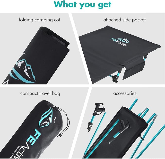 FE Active Folding Camping Cot - Lightweight, Compact & Portable Camping Bed, Comfortable Sleeping Cots for Adults & Kids - Camp Cot Fits Single Air Mattress Pad|Designed in California, USA