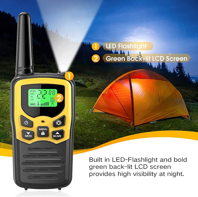 Walkie Talkies for Adults, MOICO Long Range Walkie Talkies for Adults with 22 FRS Channels,Family Walkie Talkie with LED Flashlight VOX LCD Display for Hiking Camping Trip (Yellow,2 Pack)