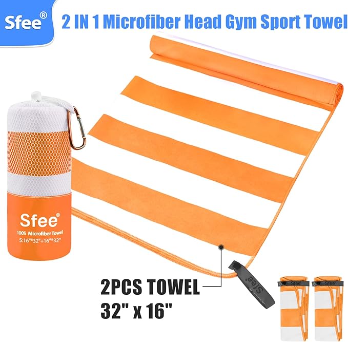 Sfee 2 in 1 Microfiber Travel Towel, Quick Dry Towel Camping Towel Beach Towel Super Absorbent Compact Lightweight Sports Towel Gym Towel Set for Gym, Hiking, Pool, Bath, Yoga (Small: 32''x16'')