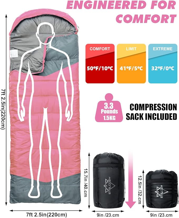 Sleeping Bag for Adults Cold Weather & Warm, Lightweight Backpacking Camping Hiking Essentials Gear for Kids 10-12 Girls Boys Compact w/Compression Sack Indoor Outdoor Sleep Must Haves