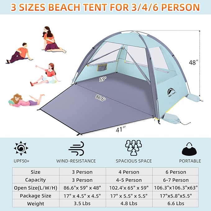 Happy Travel Beach Tent, UPF 50+ UV Protection Sun Shade Shelter for 3/4/5/6/7/8 Person, Portable Beach Canopy for Family & Baby, Lightweight & Easy Setup Beach Cabana with 3 Ventilation Mesh Windows