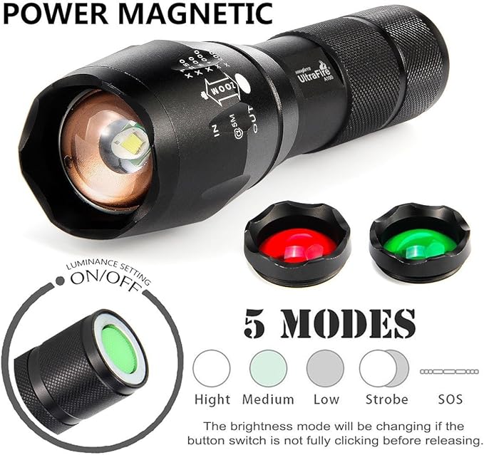 ULTRAFIRE 2 Pack A100 LED Hunting Flashlight,800 Lumen 3-Color-Light Tactical Flashlight 5 Modes Zoomable Small LED Hand held Flashlights (White Light/RED Light/Green Light)