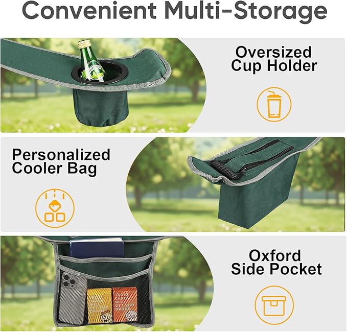 2 Pack Oversized Folding Camping Chairs for Adults, Heavy Duty Lawn Chairs with Cup Holder Storage and Cooler Bag, 450 LBS Weight Capacity, Padded Collapsible Chairs for Outdoor, Garden & Beach