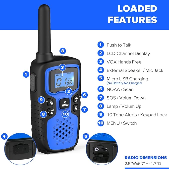Wishouse Walkie Talkies for Adults-2 Way Radio Long Range,Hiking Accessories Camping Gear Gift for Kids with Flashlight,SOS Siren,NOAA Weather Alert,VOX,22 Channel,Easy to Use(No Battery No Charger)