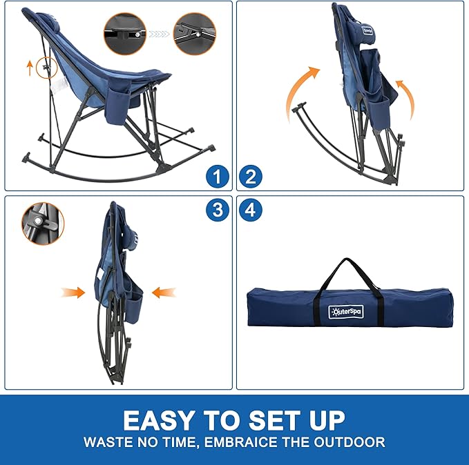 Rocking Camping Chair, Heavy Duty, High Back Oversized Portable Folding Chair with Side Cup Holders, Pocket for Beach, Fishing,Trip,Picnic,Lawn,Concert Outdoor Foldable Camp Chairs, Blue