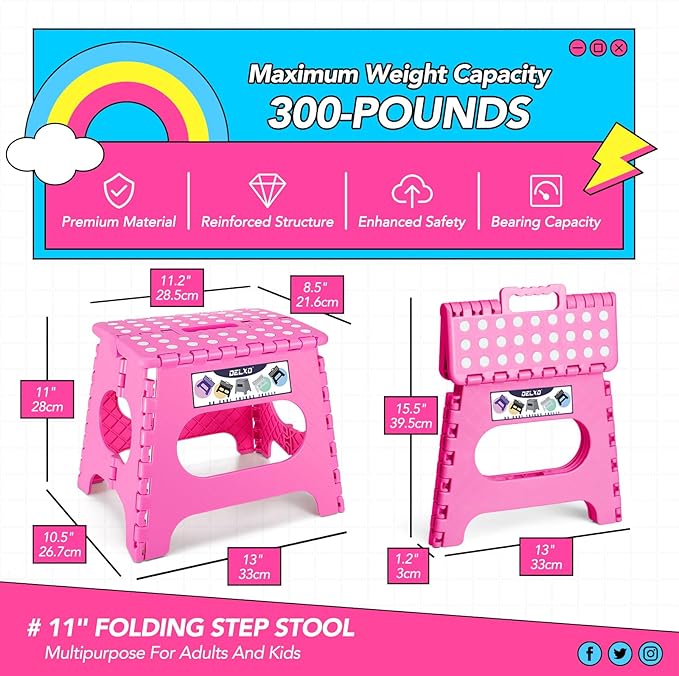Delxo Folding Step Stool,11 Inch Non-Slip Foldable Step Stools for Kids and Adult,Portable Lightweight Small Folding Stool with Handle for Kitchen Bathroom in Pink,1 Pack