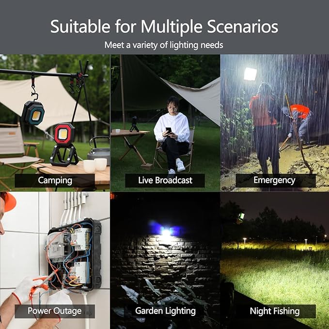 Camping Light Work Light 10000mAh 1500LM Rechargeable Magnetic 5 Modes Flood Light IPX5 Waterproof Portable Clamp Light for Outdoor, Emergency, Repairing, Fishing, Power Outages (Black)