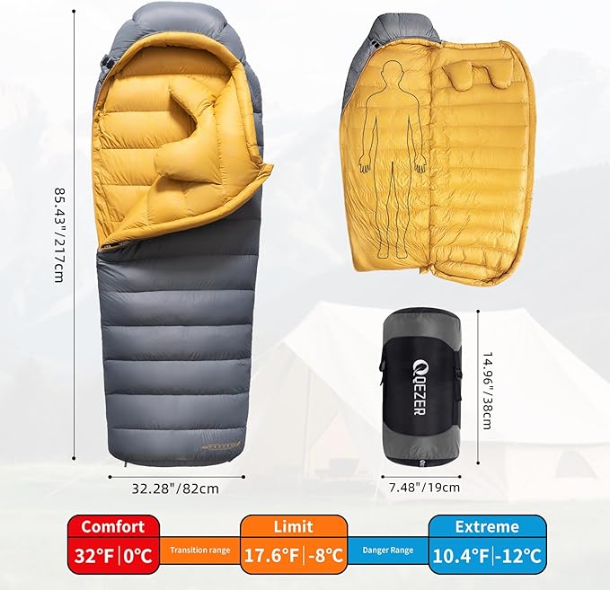 Down Sleeping Bag for Adults 620 Fill Power 0 Degree Sleeping Bag Cold Weather Ultralight with Pouch for Backpacking, Camping, Hiking