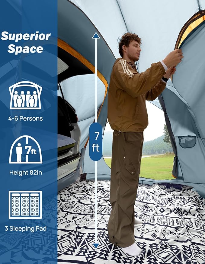 JOYTUTUS SUV Tent for Camping with Rainfly, Double Door Design Car Tent with Aluminum Poles, SUV Tailgate Tent with Waterproof PU2000mm Double Layer for 4-8 Person, Orange
