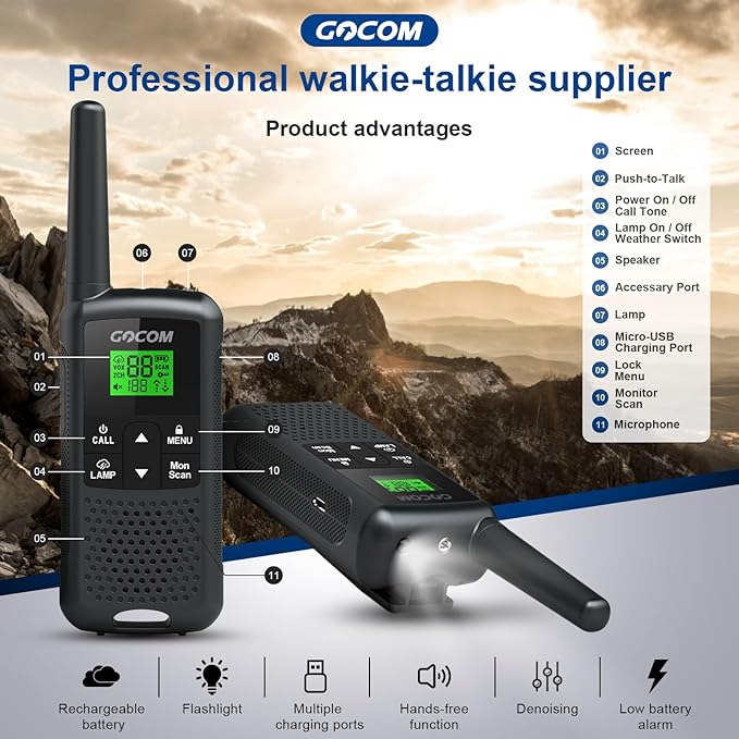 G200 Walkie Talkies for Adults, Long Range Two Way Radios Family Radio Service (FRS) Rechargeable 22 CH NOAA VOX Scan Flashlight 4 Pack Hand held radios