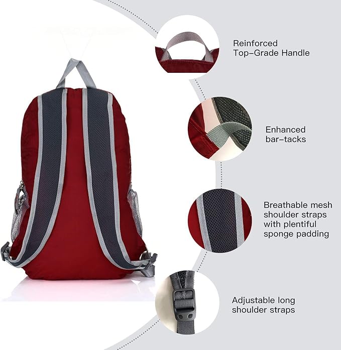 Outlander 20L/33L- Most Durable Packable Lightweight Travel Hiking Backpack Daypack (Dark Red, 20L)