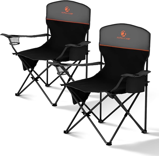 ALPHA CAMP Folding Camping Chairs for Adults Lawn Chairs Outdoor Chairs Support 250 LBS Portable Camp Chairs with Cup Holders Cooler Pouch for Outdoor, 2 Pack (Black)