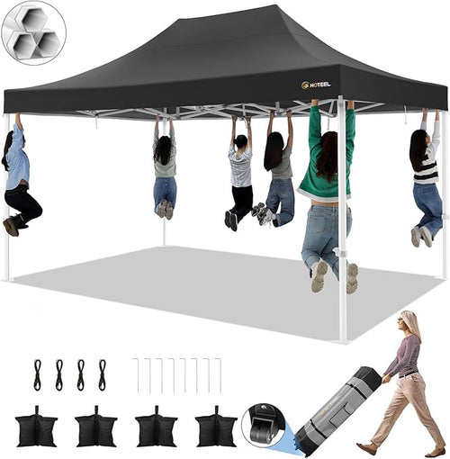 HOTEEL 10x15 Pop up Canopy Tent for Parties, Heavy Duty Easy Setup Tent Without Sidewalls, Outdoor Commercial Instant Gazebo for Wedding Event, with Roller Bag & Sand Bags, Black(Hexagonal Frame)