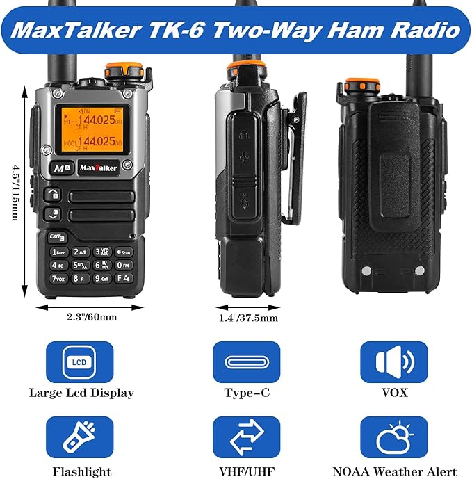 TK-6 5W Ham Radio Handheld Long Range with 1600mAh Type-C Charging Battery, UHF VHF FM AM Multi-Band Two Way Radio with NOAA Weather Forecast