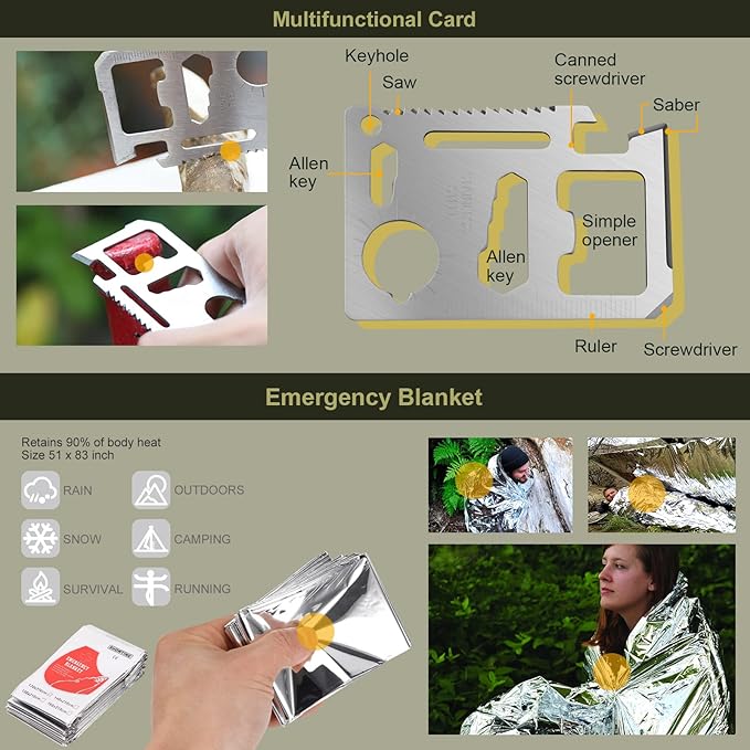 XUANLAN Emergency Survival Kit, Outdoor Survival Gear Tool with Survival Bracelet, Fire Starter, Whistle, Wood Cutter, Water Bottle Clip, Pen