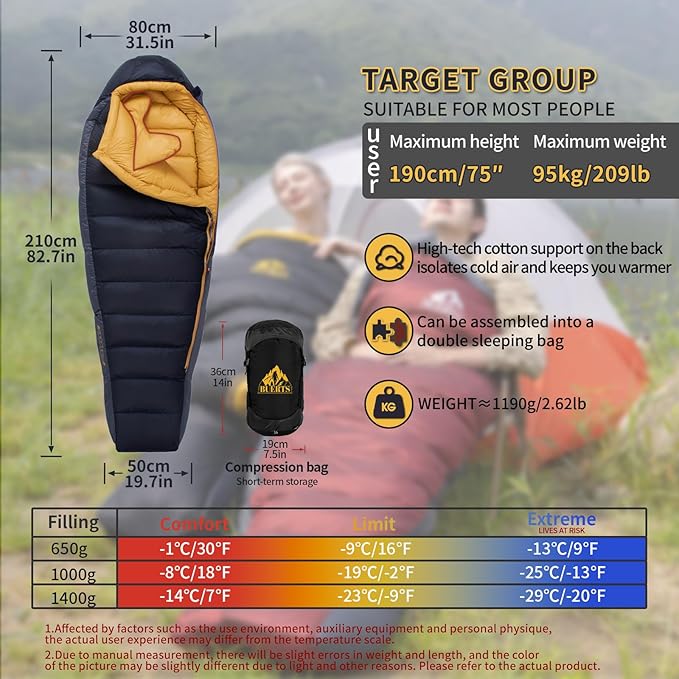 Down Sleeping Bag for Adults Cold Weather Ultralight & Compact 680FP Backpacking Sleeping Bag for Camping, Hiking, Mountaineering