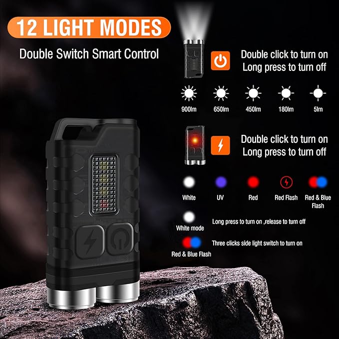 E3 Mini Keychain Flashlight Brightest 900 Lumens, Rechargeable Small Powerful Flash Light 10 Modes, LED Pocket Flashlights with UV Red Blue Light, Magnetic, IP65 Waterproof