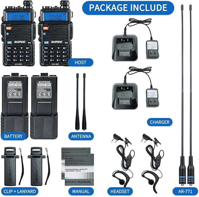 Baofeng UV-5R Ham Radio Long Range UV5R Two Way Radio Dual Band Rechargeable 3800mAh Li-ion Battery High Power Walkie Talkie with Earpiece Full Set for Survival Gear Hiking Hunting,2 Pack