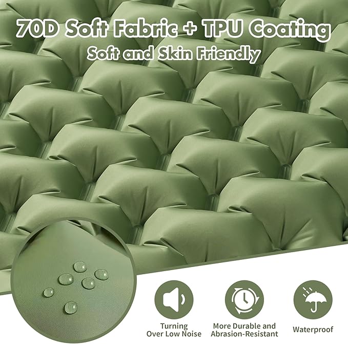 Inflatable Sleeping Pad with Build-in Pump 4-Inch Thick Sleeping Mat Soft Fabric for Comfortable Sleep Ultralight Camping Mattress for Hiking Backpacking Camping Family Trips - Green 1 Pack