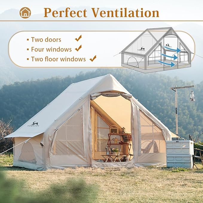 Inflatable Camping Tents Air Glamping Tents 4 Season Waterproof Easy Set up Cabin House Tent Blow up Tent for Family Camping