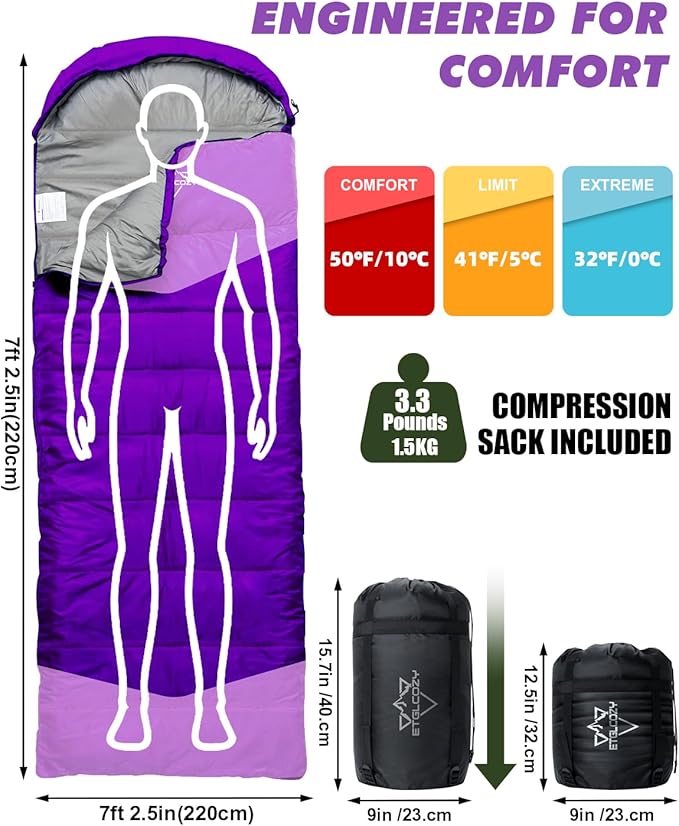 Sleeping Bag for Adults Cold Weather & Warm, Lightweight Backpacking Camping Hiking Essentials Gear for Kids 10-12 Girls Boys Compact w/Compression Sack Indoor Outdoor Sleep Must Haves