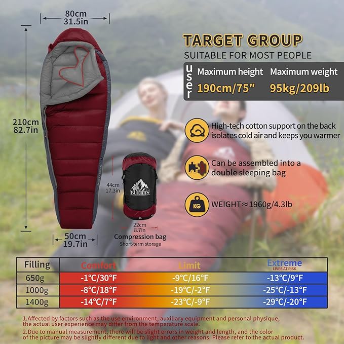 Down Sleeping Bag for Adults Cold Weather Ultralight & Compact 680FP Backpacking Sleeping Bag for Camping, Hiking, Mountaineering
