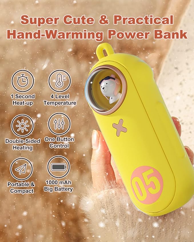 Portable Hand Warmer Electric Fast Warming Up Power Bank, 10000mAh Rechargeable Hand Warming 4 Heat Levels Double-Sided Heating, Cute Pocket USB Handwarmer for Outdoors Hunting Camping