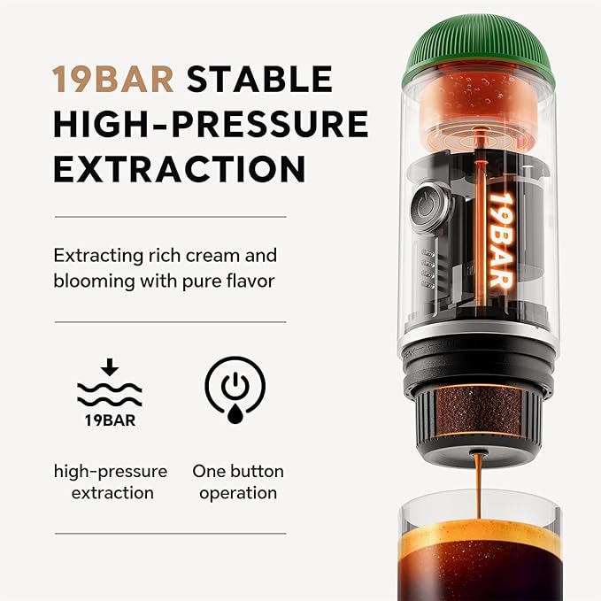 Portable Espresso Machine with 3-4 Min Self-heating, 12V Rechargeable Electric Coffee Machine Compatible with NS Capsules and Ground Coffee for Car Camping Travelling, Green