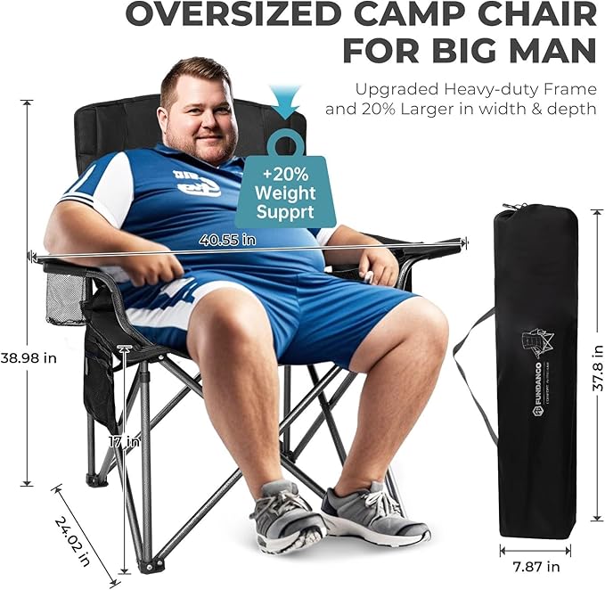 FUNDANGO Oversized Camping Chair for Adults,550lbs Heavy Duty Foldable Portable Lawn Chair with Padded Seat & Back, 4-can Cooler & Cup Holder, Carry Bag Included for Outdoor (Black/Grey)