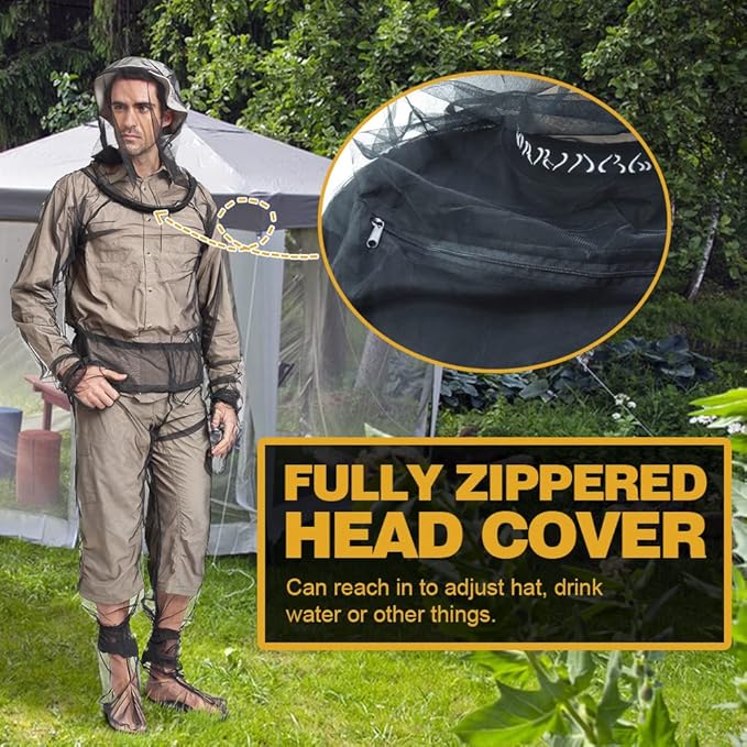 HOMEYA Bug Jacket S/M, Anti Mosquito Netting Suit with Zipper on Hood Ultra-fine Mesh Pants Mitt Socks with Free Carry Pouch for Protecting Hunting Fishing Men Women