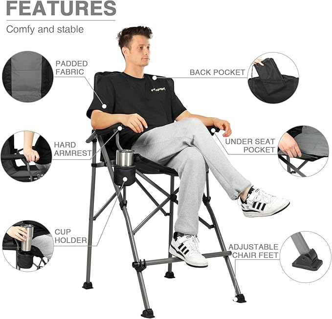 EVER ADVANCED Heated Camping Chairs, Tall Directors Chair with Cup Holder 31", Bar Height Heated Folding Chair for Camping, Sports with Carry Bag, Mesh Pockets and Footrest, Heavy Duty 300 lbs, Black