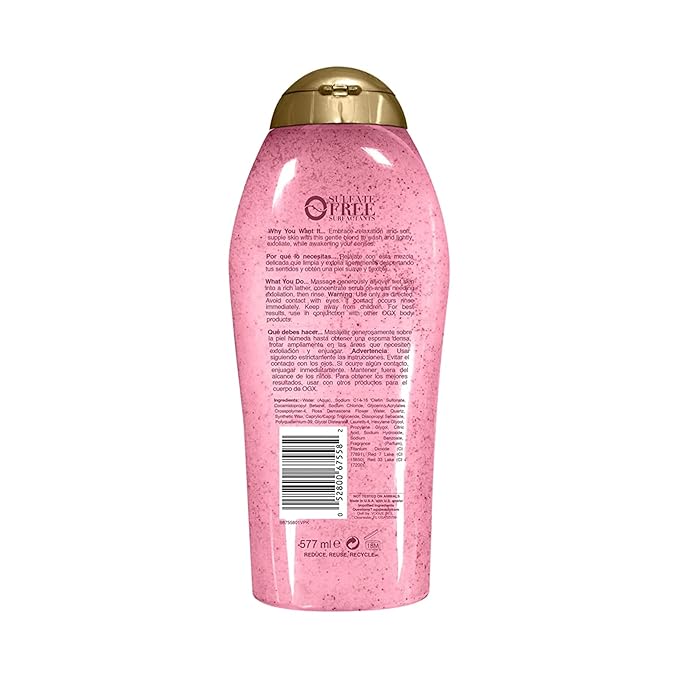 OGX Sensitive + Pink Sea Salt & Rosewater Sulfate-Free Soothing Body Scrub with Healing Rose Quartz, Gentle Exfoliating Daily Body Wash to Soften & Smooth Skin, 19.5 Fl Oz