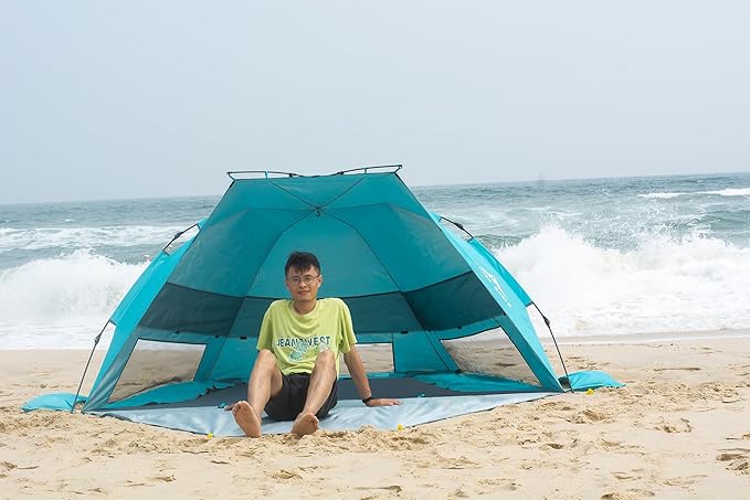 Three Bears Pop Up Beach Tent Sun Shade Shelter for 3-4 Person, UPF 50+ UV Protection, Lightweight & Easy Setup Beach Shade Canopy, Portable Beach Shade Tent Beach Cabana (Blue)