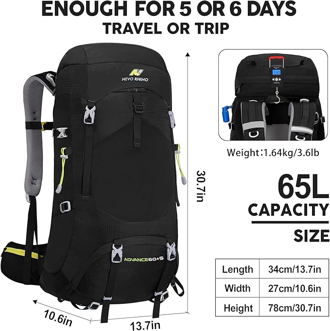 N NEVO RHINO Internal Frame Hiking Backpack 50/60/65/70/80L, Mountain Climbing Camping Backpack Daypack Waterproof Rain Cover