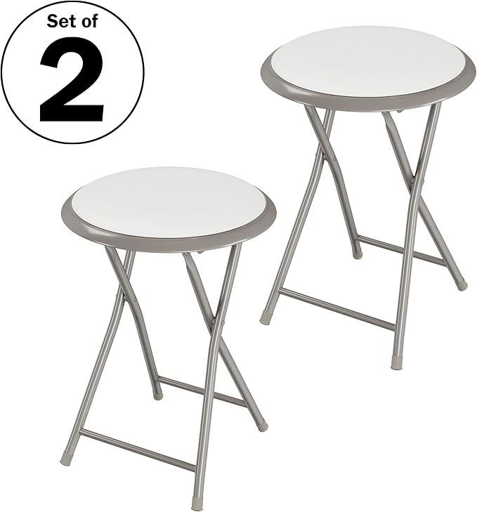 Folding Bar Stool - Heavy-Duty 18-inch Collapsible Padded Round Stool with 300lb Capacity for Dorm, Rec Room, or Game Room by Trademark Home (White)