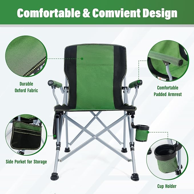 Camping Chair for Adults,Portable Folding Lawn Chair for Outside,Heavy Duty Camping Chair Support up to 330lbs,Collapsible Outdoor Beach Chair with Cup Holder(Green)