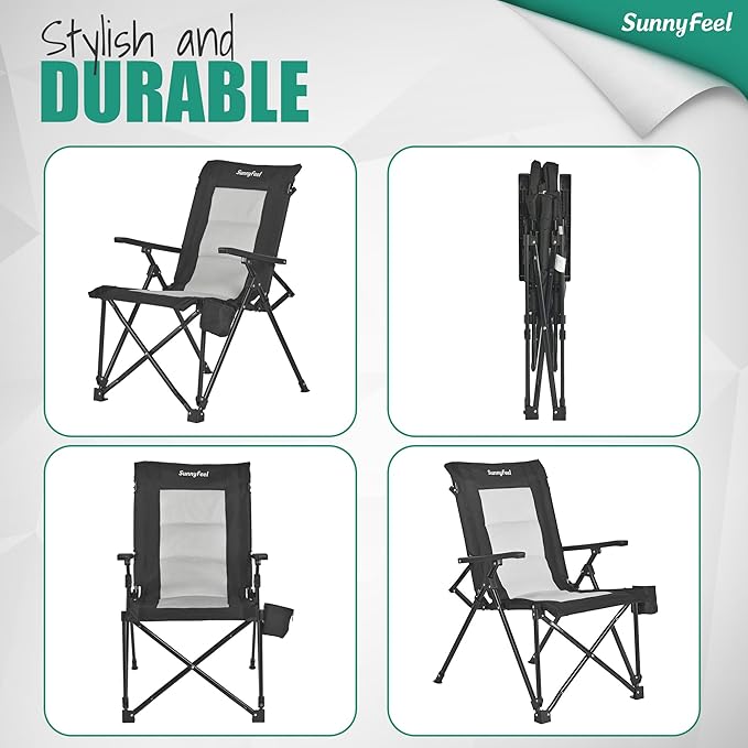 SUNNYFEEL Ergonomic High Back Camp Chair - 500lbs Heavy Duty Folding Chair, UV-Resistant Portable Camp Chair with Hard Armrests, Cup Holder& Bag for Outdoor, Basebal, Travel, Sports, Hiking, Fishing