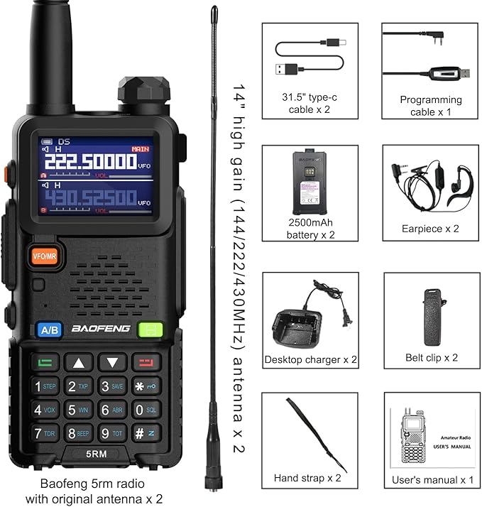 Ham Radio Handheld Baofeng Radio 5RM Upgraded of UV-5R High Power Long Range Walkie Talkies for Adults Multi-Band Two Way Radio NOAA Weather Copy Frequency USB C Charger 999CH Outdoor Hiking Camping